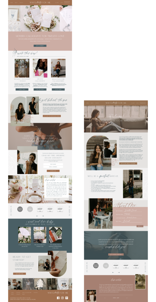 Two mockups of a Showit website design for the Home and About pages of a small business' website.
