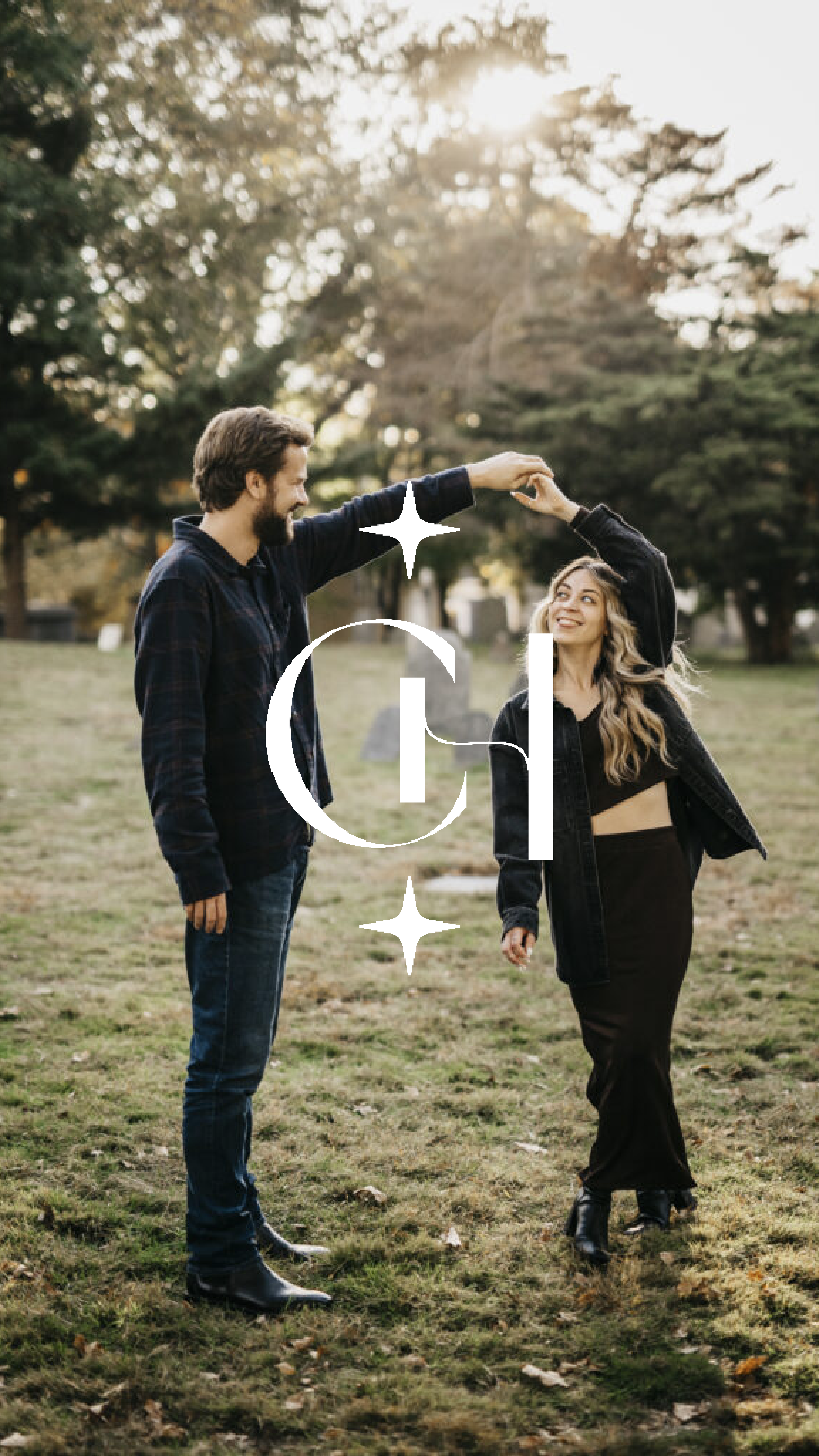 A couple dancing with a monogram logo overlaid