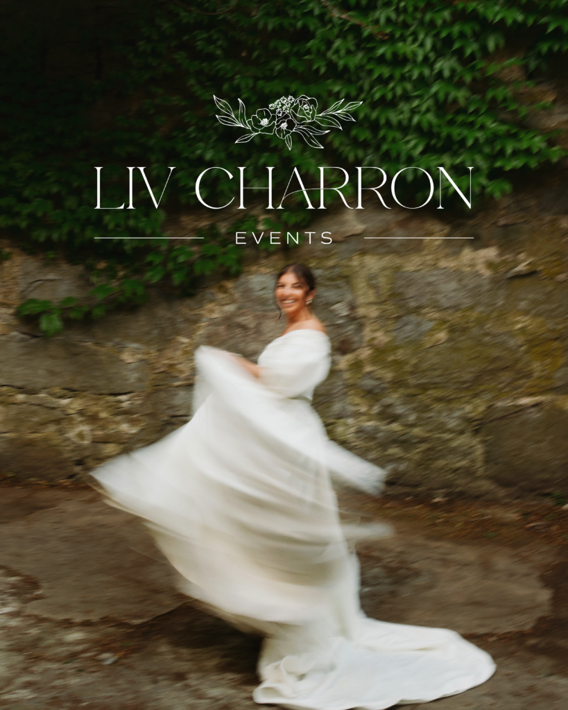 Logo for Liv Charron events overlaid on a styled shoot photo of a bride