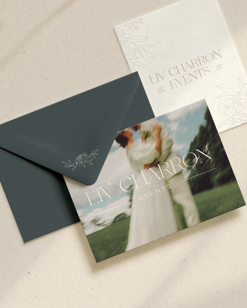 Stationery designed with branding elements for a wedding planner's timeless branding and web design